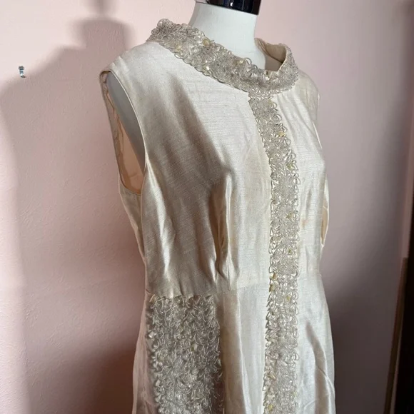 Art deco 1920 1940 Antique white beaded Sleeveless Formal midi flapper Dress - Picture 1 of 16